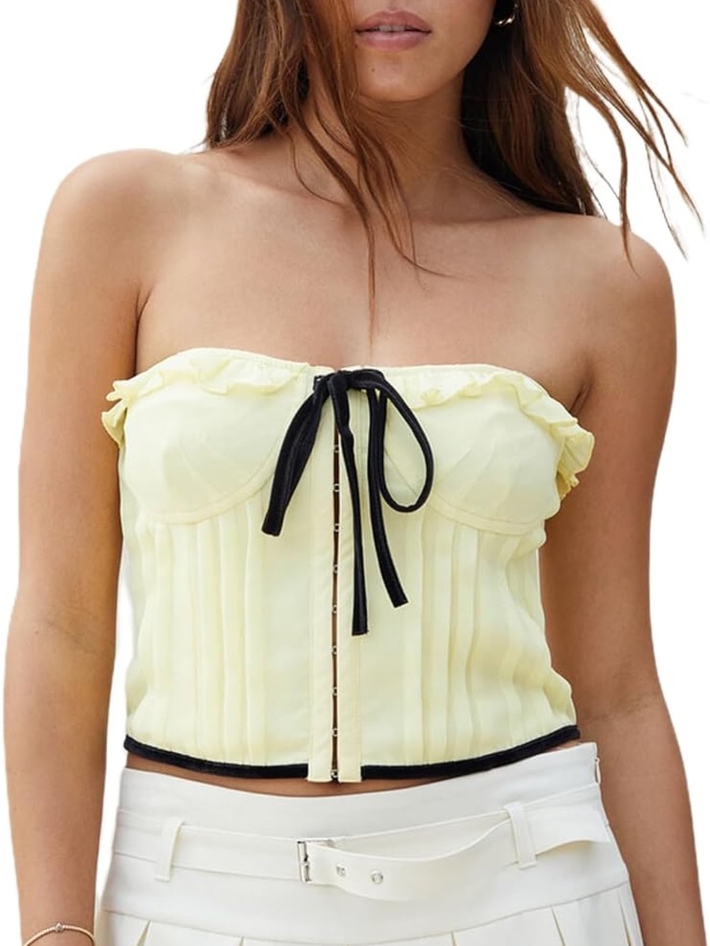Strapless Ruffle-Trim Yellow Corset Crop Top